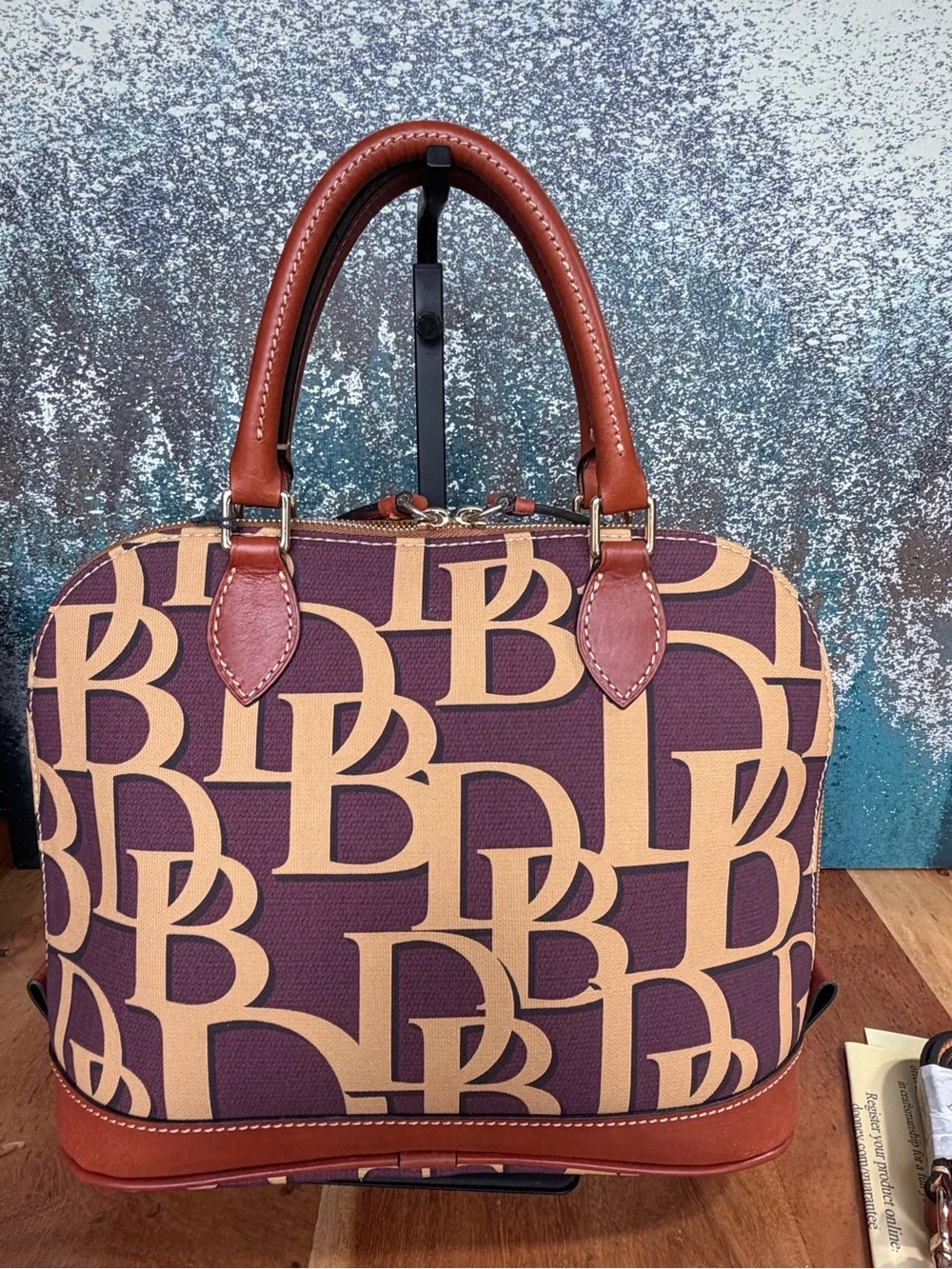 Dooney & Bourke Preppy Plum & British Tan DB Monogram Domed Satchel‎ NWT